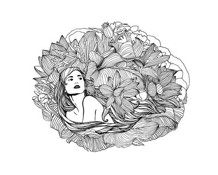 Girl in flowers. Vector linear illustration. Black and whiteのイラスト素材