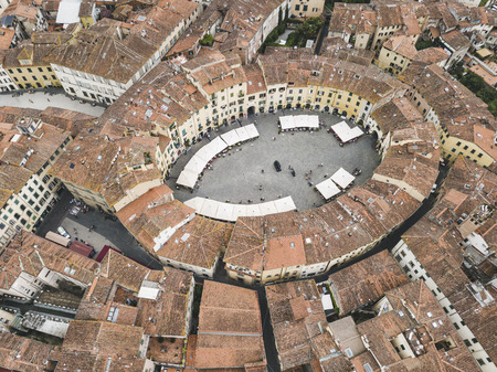 Amphitheater Square in Lucca city. Aerial view landscape. Tuscany. Italy. View from aboveの写真素材