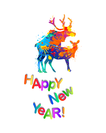 Happy New Year congratulation card with silhouette of mating deers. Vector splash paintのイラスト素材