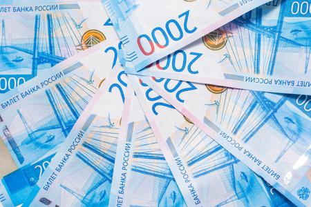 Background of two thousands of ruble notes. Wealth, finance