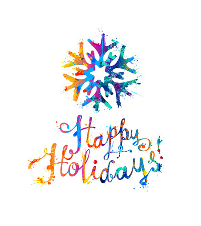 Happy Holidays. Congratulation card with snowflake. Splash paint hand written lettersのイラスト素材
