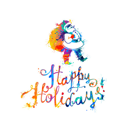 Happy Holidays card with Santa Claus. Hand writing watercolor splash paint lettersのイラスト素材