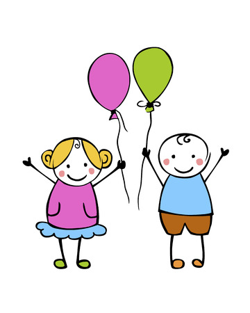 Boy and girl with balloons. Little people in the children's style. Vector coupleのイラスト素材