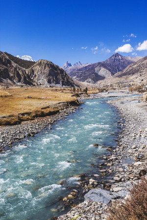 Turquoise Marsyandi River near Braka village. Nepalese Himalayasの写真素材