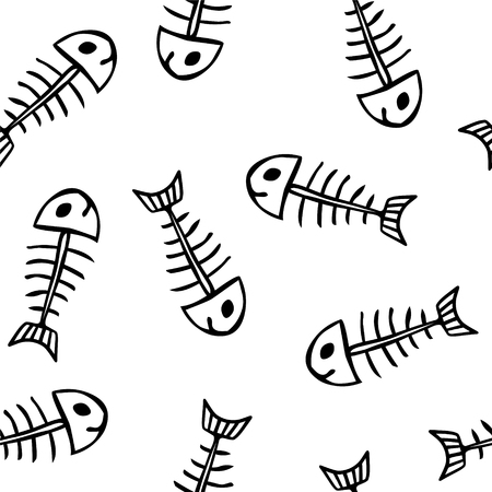 Seamless vector pattern of fish skeletons black and whiteのイラスト素材