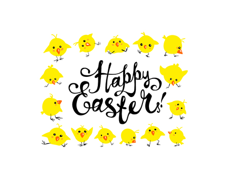Happy Easter card with cute chicks. Hand written inscription. Christian holidayのイラスト素材