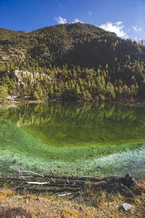 Lake Mricho Tal with water of emerald color near Pisang. Himalaya mountains in Nepal, Annapurna circuit trekの写真素材