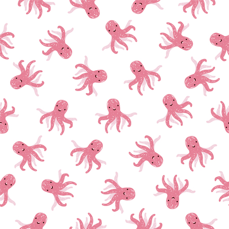 Flat seamless vector pattern of doodle octopus on white backgroundのイラスト素材