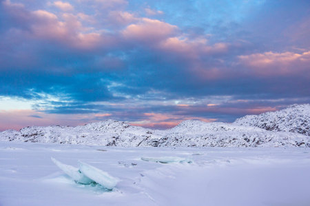 Snow desert. Kola Peninsula winter morning landscape