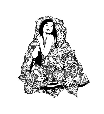 Girl in orchid flowers. Vector linear illustrationのイラスト素材