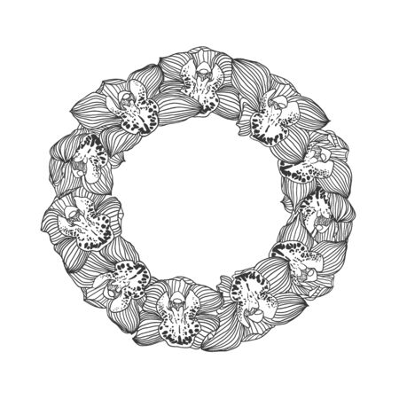 Vector wreath of linear hand drawn royal orchid flowersのイラスト素材