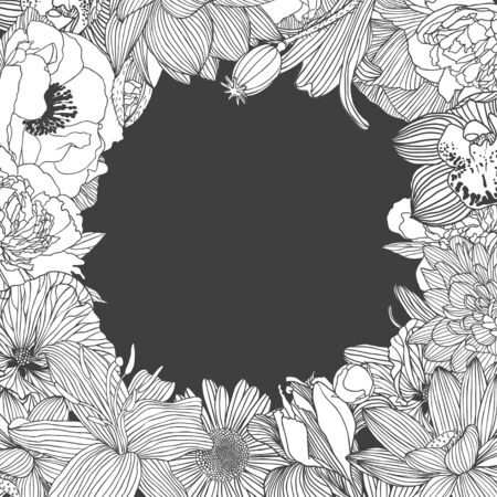 Decarative frame of different vector flowers. on dark backgroundのイラスト素材