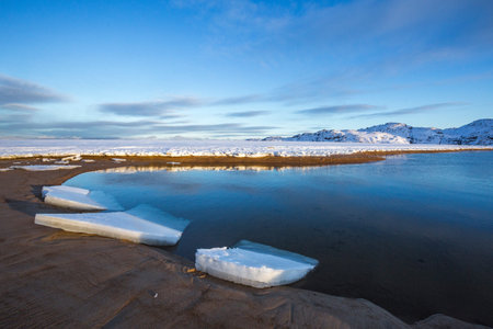 Guba Voronya, Barents Sea bay. Kola Peninsula winter landscape