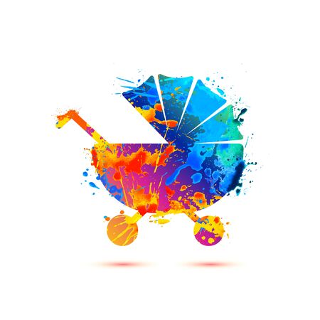 Baby carriage vector icon. Watercolor splash paintの写真素材