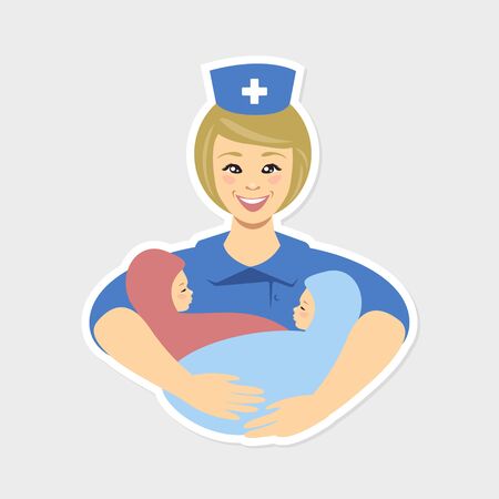 Midwife holding two newborns. Vector flat illustrationのイラスト素材