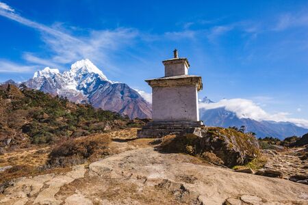 Buddhist stupa on the background of Mount Thamserku, Nepalの写真素材