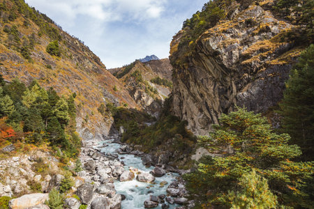 Bidh Koshi river valley, Nepal. View from the bridge in Phungi Thenga