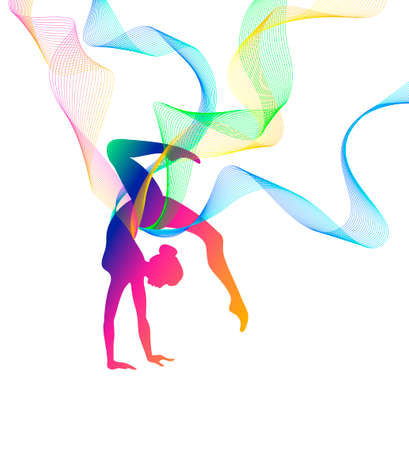 Rhythmic gymnastics. Vector silhouette of girl with multicolored linesのイラスト素材