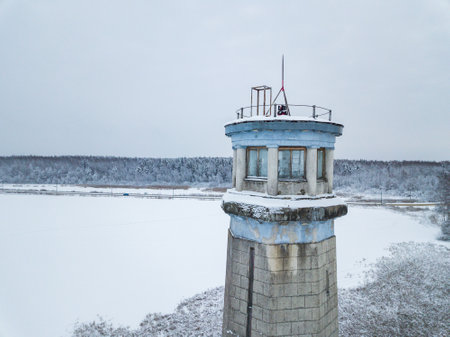 Big Volzhsky lighthouse on the river. Dubna city, Moscow region, Russiaの写真素材