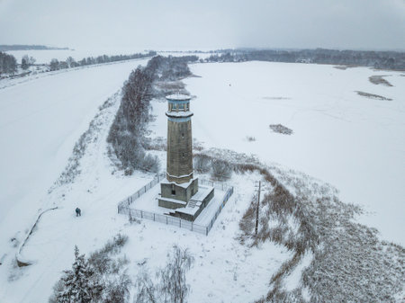 Big Volzhsky lighthouse on the river. Dubna city, Moscow region, Russiaの写真素材