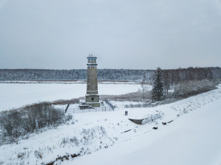 Big Volzhsky lighthouse on the river. Dubna city, Moscow region, Russiaの写真素材