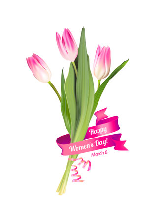 March 8. Happy women's day! Vector card with pink tulip flowers bouquetのイラスト素材