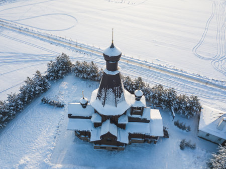 The temple in the name of the Icon of the Mother of God The Bogger of the microdistrict of the Lugovaya town of Lobnya, Moscow region. Aerial viewの写真素材
