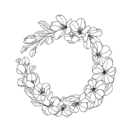Vector wreath of apple tree flowers. Black and white linear illustrationのイラスト素材