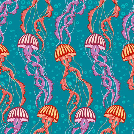 Seamless vector pattern of colorful jellyfish on blue backgroundのイラスト素材