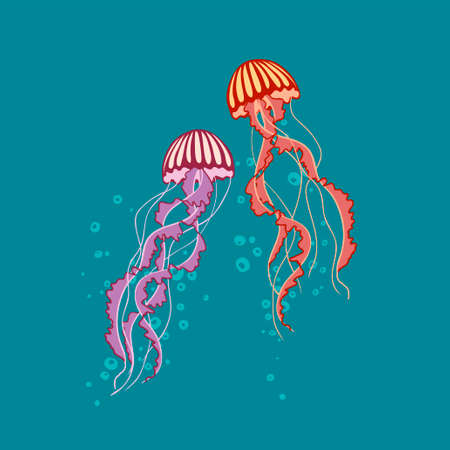 Colorful jellyfish under sea water. Vector illustrationのイラスト素材