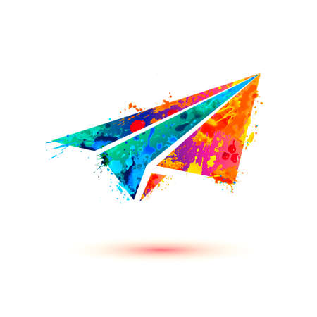 Paper plane silhouette. Vector watercolor splash paint iconのイラスト素材