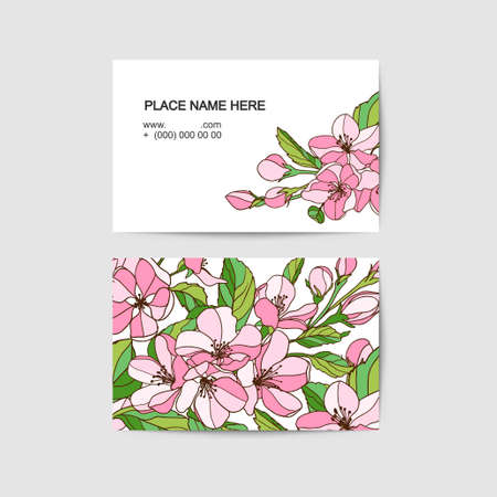 Visit card vector template with apple tree pink flowersのイラスト素材