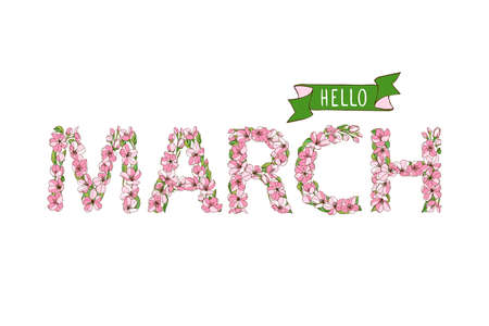Hello March. Vector card with letters of apple tree flowersのイラスト素材