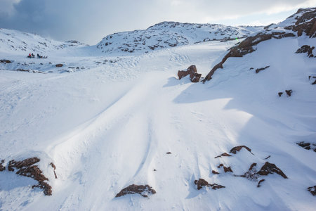 snow desert. Kola Peninsula winter snowy landscape near Teriberka. Russia