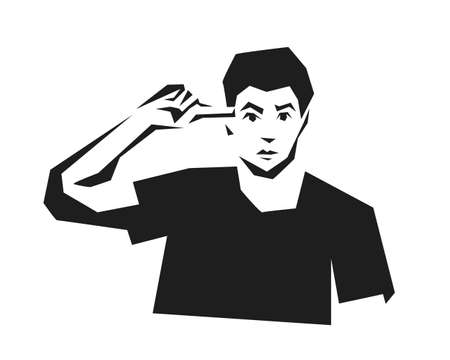 Man twists his finger at his temple. Vector black and white illustration in cut out styleのイラスト素材
