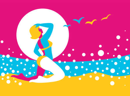 Girl and the sunset on the sea. Bright flat style illustrationのイラスト素材