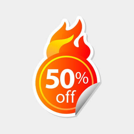 50 percent off. Vector burning sale sticker. Symbol with flaming fireのイラスト素材