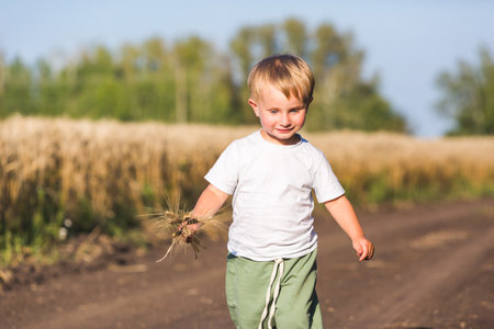A boy with spikelets of rye against the backdrop of a rural landscapeの写真素材