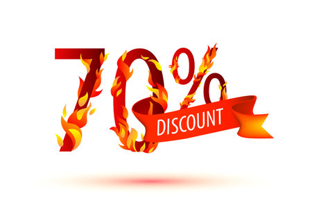 70% off. Vector burning sale symbol with flaming fireのイラスト素材