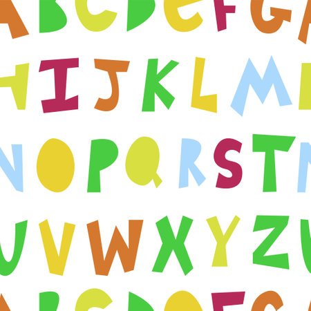 Vector seamless pattern of roughly carved multicolored alphabet lettersのイラスト素材
