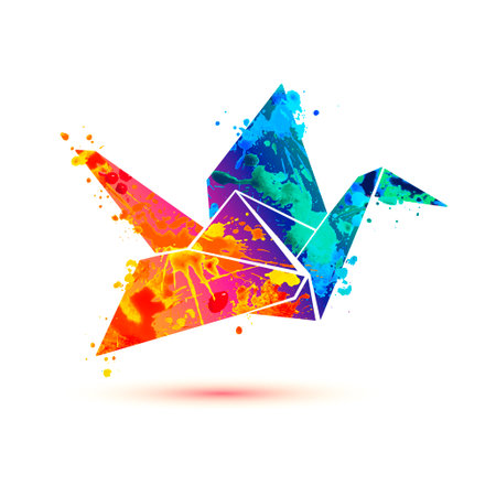 Paper crane of watercolor splash paint. vector origami figurineのイラスト素材