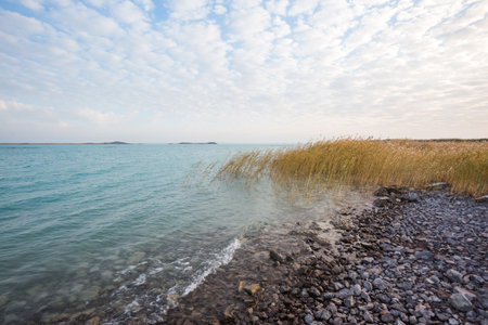 Lake Balkhash autumn landscape. Beautiful place in Kazakhstanの写真素材