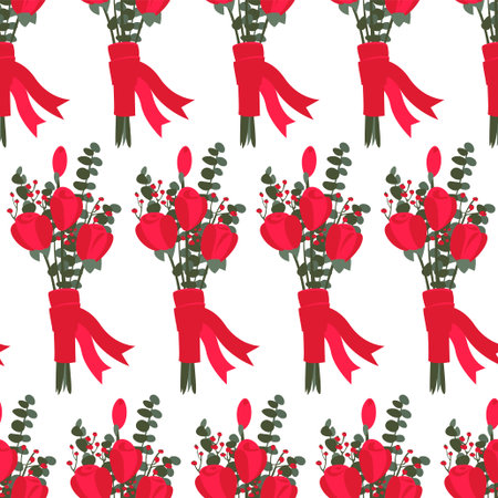 Vector flat seamless pattern of red rose flowers bouquetsのイラスト素材