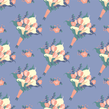 Vector flat seamless pattern of calla and rose flowers bouquets on purple backgroundのイラスト素材