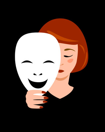 Woman with a sad face holds a cheerful mask in her hand. vector illustrationのイラスト素材