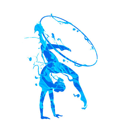 Rhythmic gymnastics girl with hoop. Vector dancer silhouette of blue paintのイラスト素材