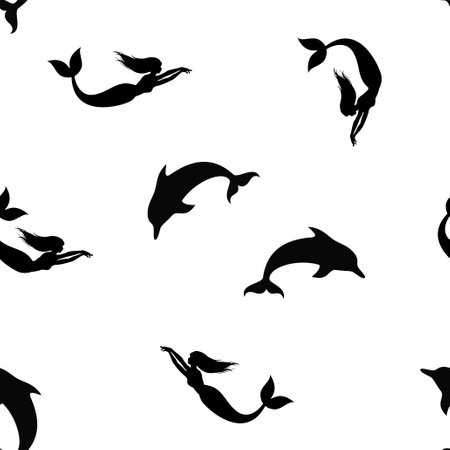 Seamless pattern of Black silhouettes of a dolphin and mermaid on a white backgroundのイラスト素材