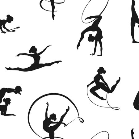 Seamless vector pattern of Rhythmic gymnastics girls silhouettes black on whiteのイラスト素材