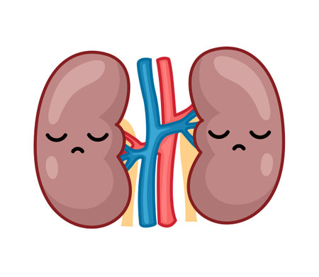 Sick Human kidneys with sad face. Flat vector icon on white backgroundのイラスト素材