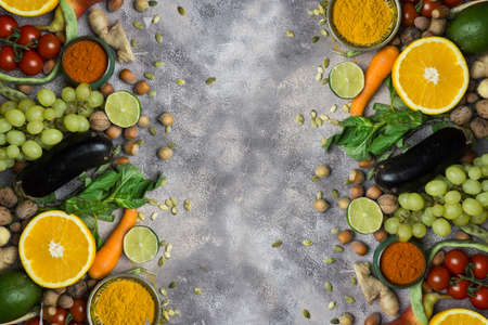 Clean food selection. Healthy food background, frame of organic food. Ingredients for healthy cooking.の写真素材